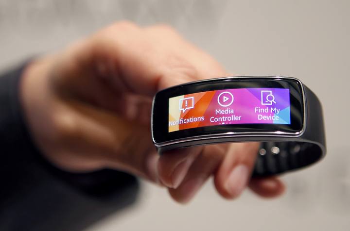 New Samsung Gear Fit fitness band is displayed at the Mobile World Congress in Barcelona